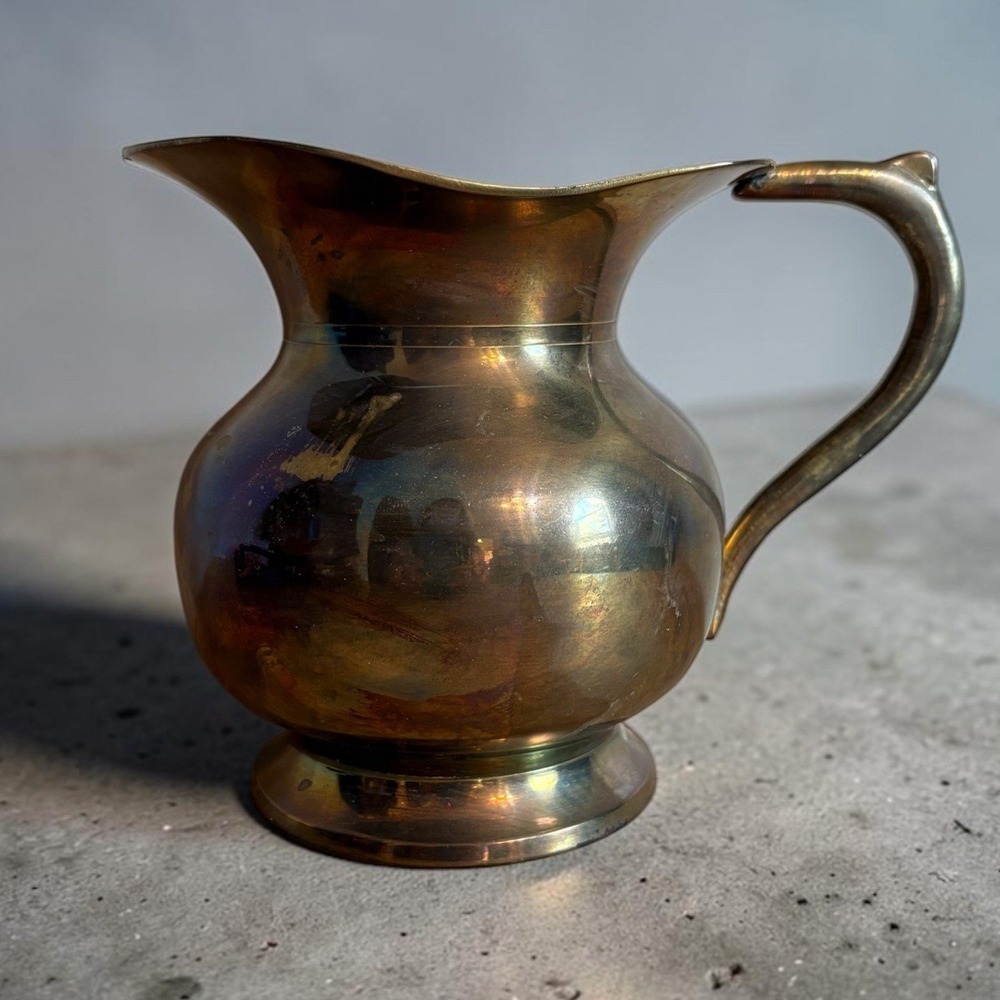 Vintage Brass‎ Pitcher Made in India Aged Patina Decorative Metal Vase 5.75"